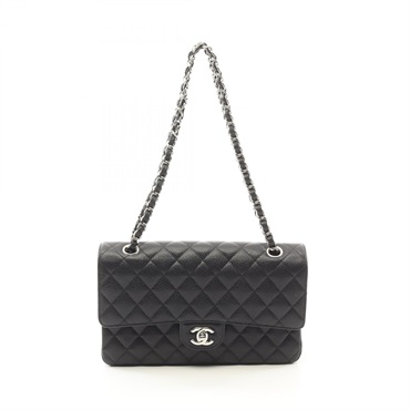 CHANEL Matelasse W flap Shoulder Bag A01112 leather Black Used Women SHW CC