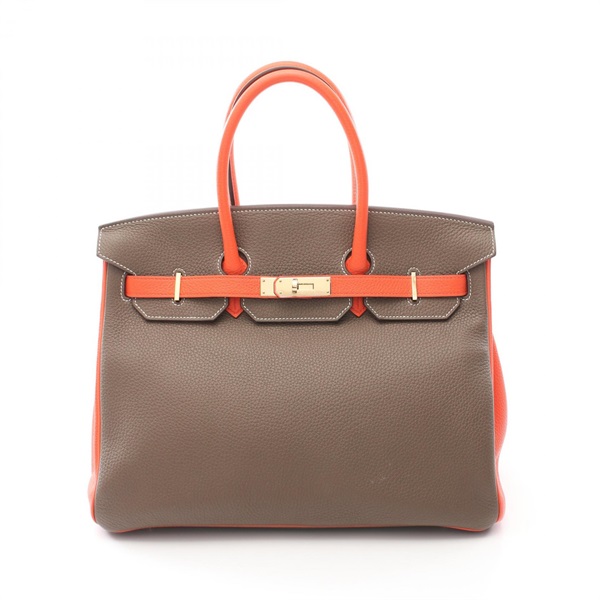 HERMES Birkin 35 Handbag Taurillon Clemence leather Orange Etoupe Used D GHW