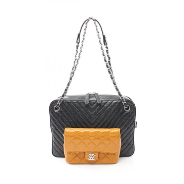 CHANEL V stitch chain Shoulder Bag leather Black Brown mustard Used SHW