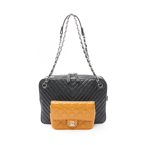 CHANEL V stitch chain Shoulder Bag leather Black Brown mustard Used SHW