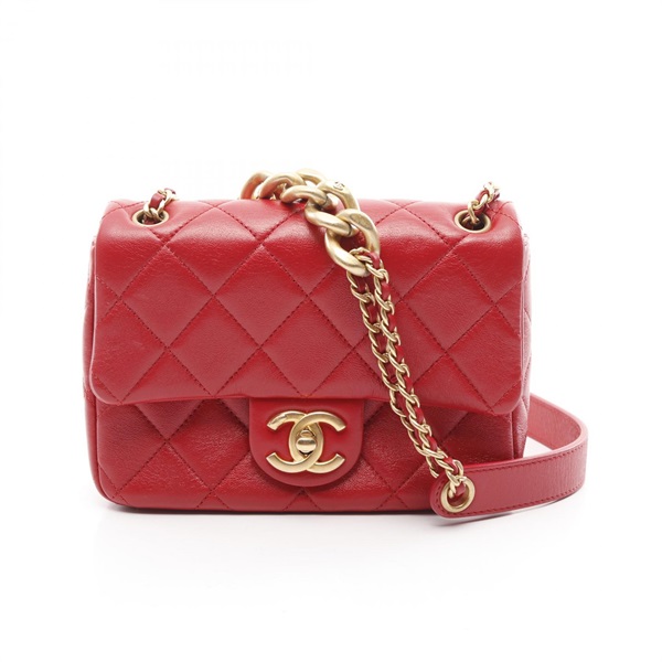 CHANEL Mini Matelasse chain crossbody Shoulder Bag leather Red Used GHW
