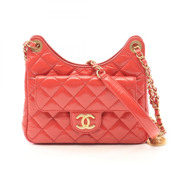 CHANEL Matelasse Hobo Shoulder crossbody chain Bag Patent leather Orange GHW
