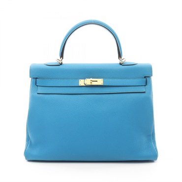 HERMES Kelly 35 Blue Zanzibar Handbag Taurillon Clemence Blue Used Women