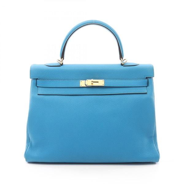 HERMES Kelly 35 Blue Zanzibar Handbag Taurillon Clemence Blue Used Women