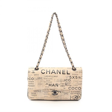 CHANEL Matelasse W flap chain Shoulder Bag A01112 leather Beige Black Used