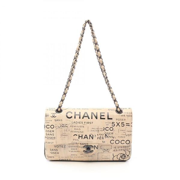 CHANEL Matelasse W flap chain Shoulder Bag A01112 leather Beige Black Used
