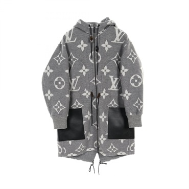 LOUIS VUITTON Monogram reversible hood coat #34 wool silk leather Gray Used