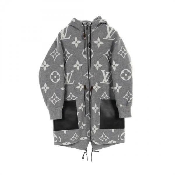 LOUIS VUITTON Monogram reversible hood coat #34 wool silk leather Gray Used