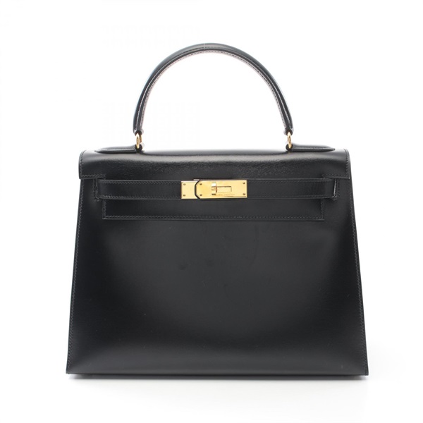 HERMES Kelly 28 Hand bag R Outside stitched Box calf leather Black Used GHW