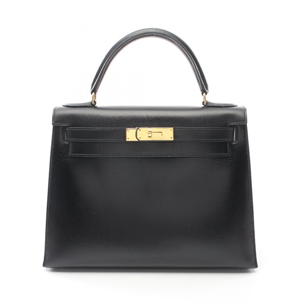 HERMES Kelly 28 Hand bag U Outside stitched Box calf leather Black Used GHW