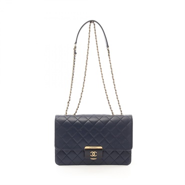 CHANEL Matelasse Chain Shoulder Bag leather Navy Used Women