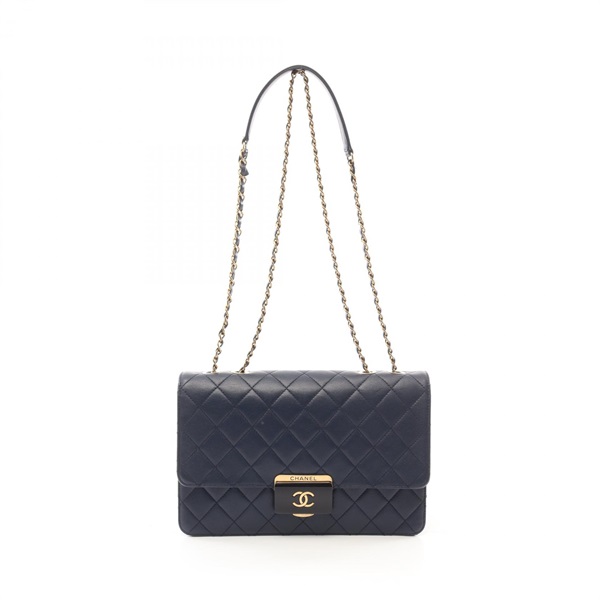 CHANEL Matelasse Chain Shoulder Bag leather Navy Used Women