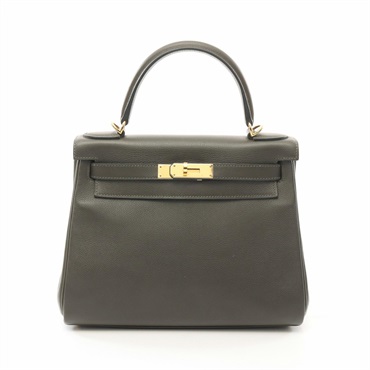 HERMES Kelly 28 Handbag 2way Evercalf leather Khaki Vert gris Used Women Y GHW