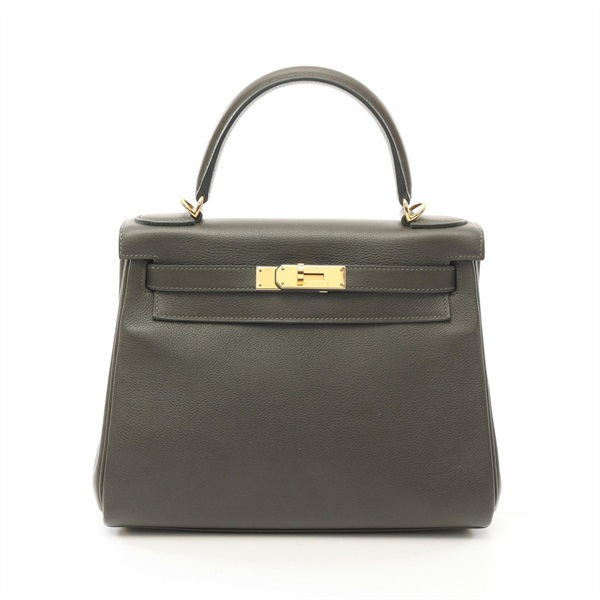 HERMES Kelly 28 Handbag 2way Evercalf leather Khaki Vert gris Used Women Y GHW
