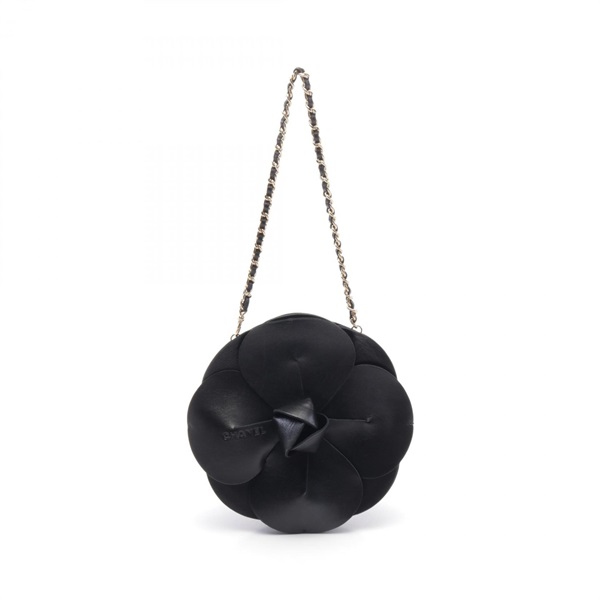 CHANEL Camelia Hand chain shoulder bag round leather Black Used GHW