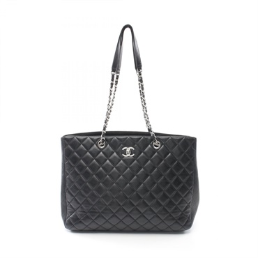 CHANEL Matelasse Chain Tote Bag Lambskin Black Used Women Quilted coco mark