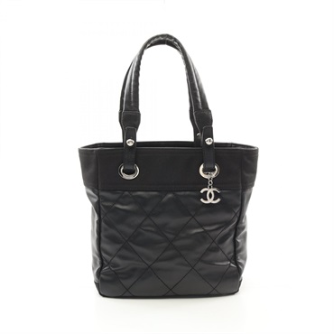 CHANEL Paris Biarritz PM Tote shoulder Bag 34208 canvas leather Black Used SHW