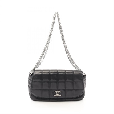 CHANEL Chocolate bar Chain Shoulder Bag Lambskin Black Used Women