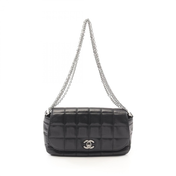 CHANEL Chocolate bar Chain Shoulder Bag Lambskin Black Used Women