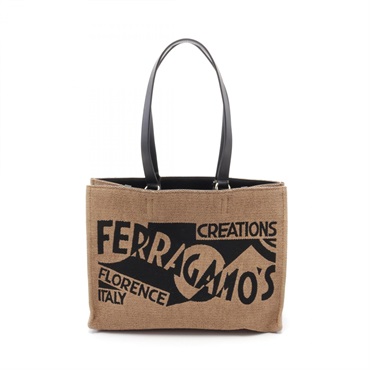 Salvatore Ferragamo Hand Tote Bag leather Raffia Khaki Black Used Women logo