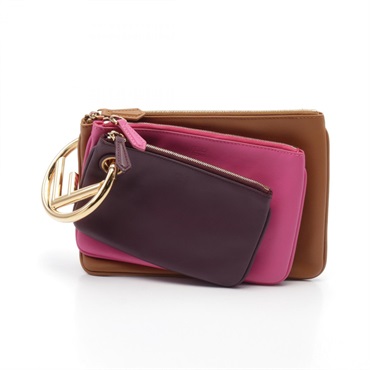 FENDI Triplet business clutch bag leather Brown Pink Purple Used Women GHW