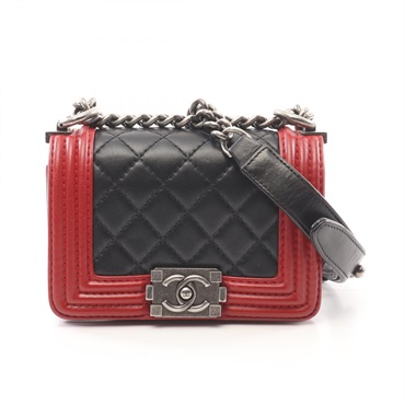 CHANEL Boy Chanel Mini Shoulder Bag A67364 Lambskin Black Red Used Women