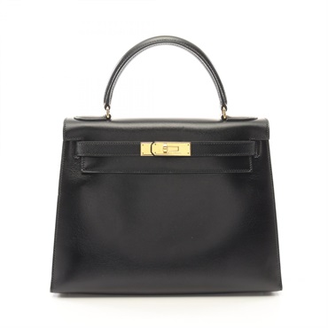HERMES Kelly 28 Hand bag T Outside stitched Box calf leather Black Used GHW