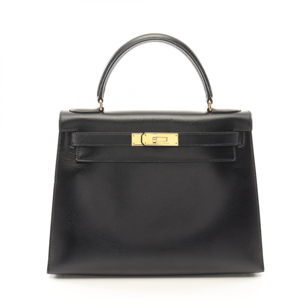 HERMES Kelly 28 Hand bag T Outside stitched Box calf leather Black Used GHW