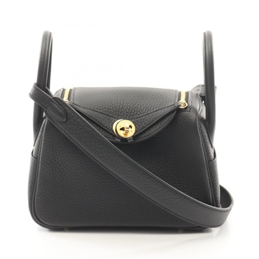 HERMES Lindy Mini Shoulder crossbody Bag W Taurillon Clemence Black Used GHW