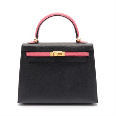 HERMES Kelly 25 Hand bag C Outside stitched Epsom Black Rose azalee Used GHW
