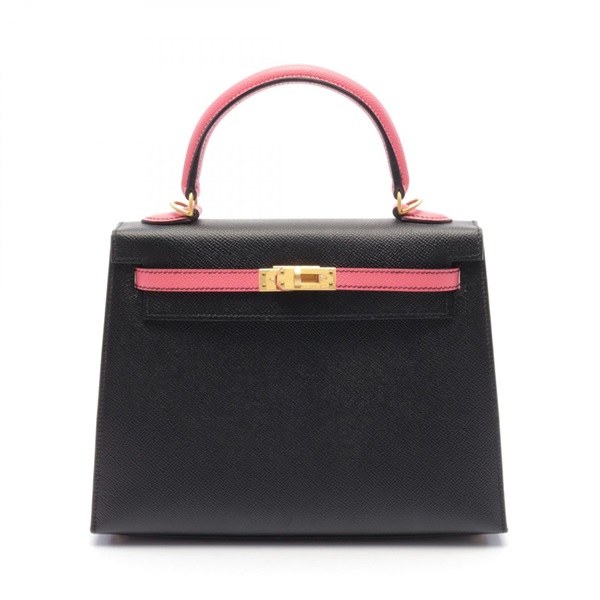 HERMES Kelly 25 Hand bag C Outside stitched Epsom Black Rose azalee Used GHW