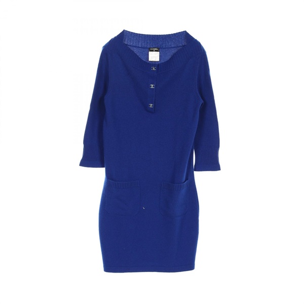 CHANEL COCO Mark button Dress P44445K04654 cashmere Blue Used Women size 38