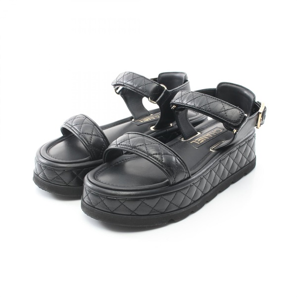 CHANEL Matelasse COCO Mark Sandals #37C shoes G39143 Lambskin Black Used