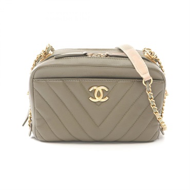 CHANEL Chevron V Stitch Chain Shoulder Bag 25301988 Lamb leather Khaki Used GHW