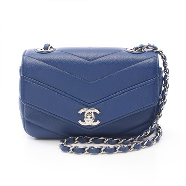 CHANEL Chevron V Stitch chain Shoulder crossbody Bag leather Blue Used SHW