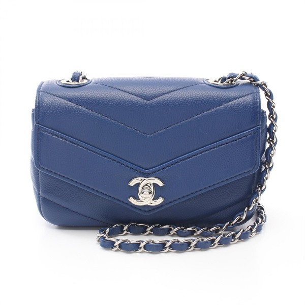 CHANEL Chevron V Stitch chain Shoulder crossbody Bag leather Blue Used SHW