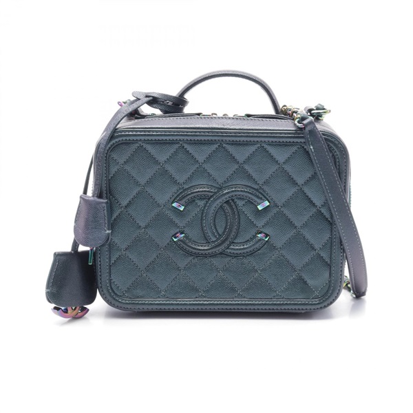 CHANEL CC Figley Vanity Shoulder crossbody Bag A93343 leather navy green Used
