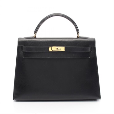 HERMES Kelly 32 Hand bag U Outside stitched Box calf leather Black Used GHW