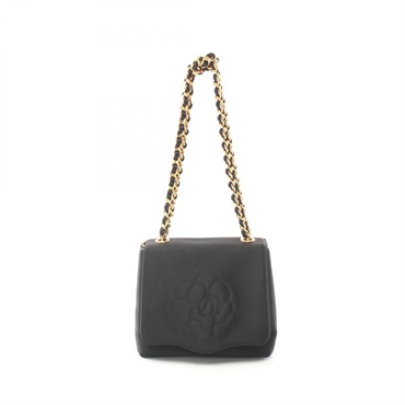 CHANEL Camelia chain Hand bag Fabric satin Black Used GHW