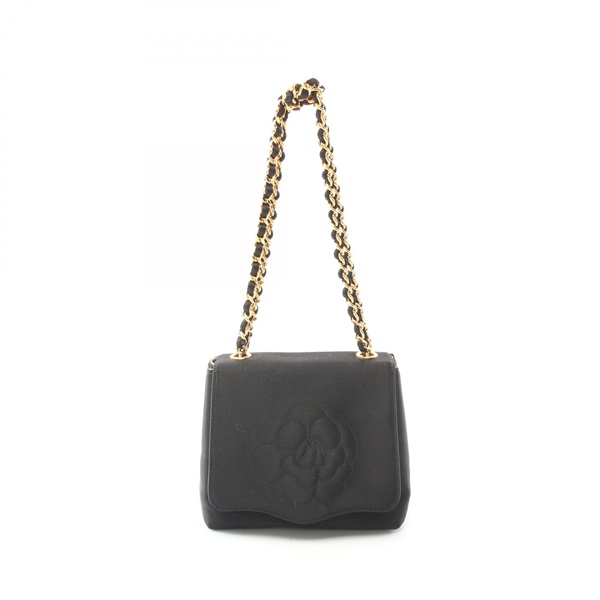 CHANEL Camelia chain Hand bag Fabric satin Black Used GHW