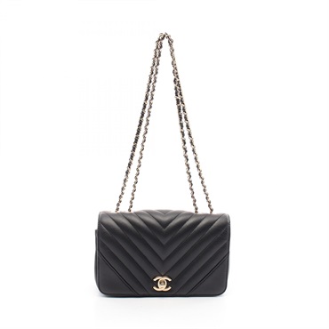 CHANEL Chevron V Stitch chain Shoulder Bag leather Black Used GHW