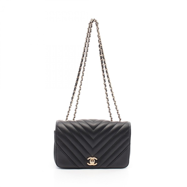 CHANEL Chevron V Stitch chain Shoulder Bag leather Black Used GHW