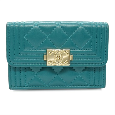 CHANEL boy chanel trifold wallet purse Lambskin Emerald green Used GHW
