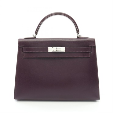 HERMES Kelly 32 Hand bag F Graine Lisse leather Purple rasin Used SHW