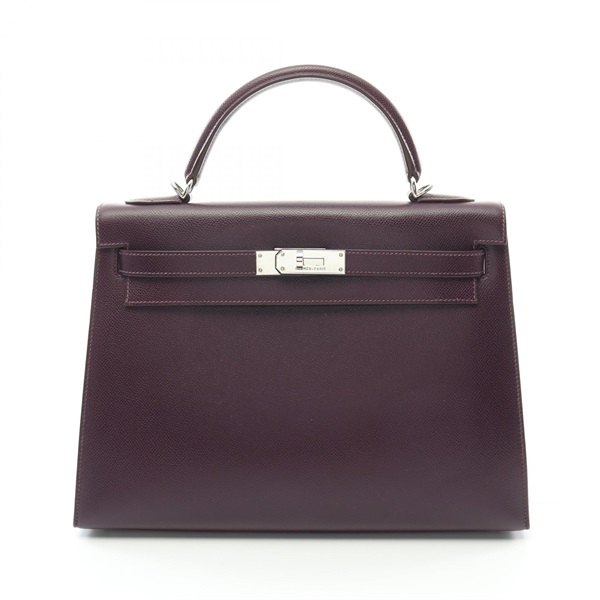 HERMES Kelly 32 Hand bag F Graine Lisse leather Purple rasin Used SHW