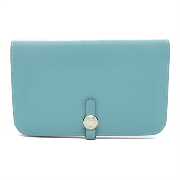 HERMES Dogon GM Bi-fold Long Wallet purse X Swift leather Blue Lagon SHW used