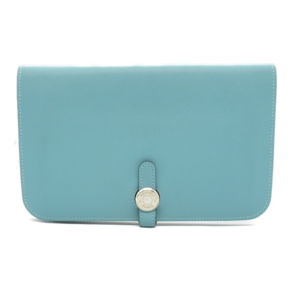HERMES Dogon GM Bi-fold Long Wallet purse X Swift leather Blue Lagon SHW used