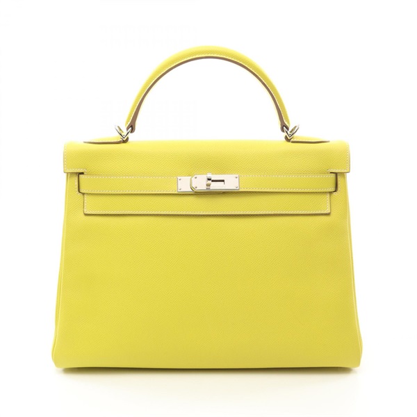 HERMES Kelly 32 2way Handbag Epsom leather Yellow Pearl grey Lime Used O SHW