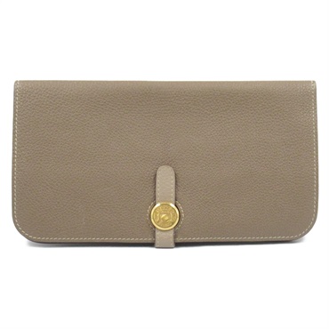 HERMES Dogon Long Bi-fold Wallet Clemence leather Brown Etoupe Grey Used N GHW