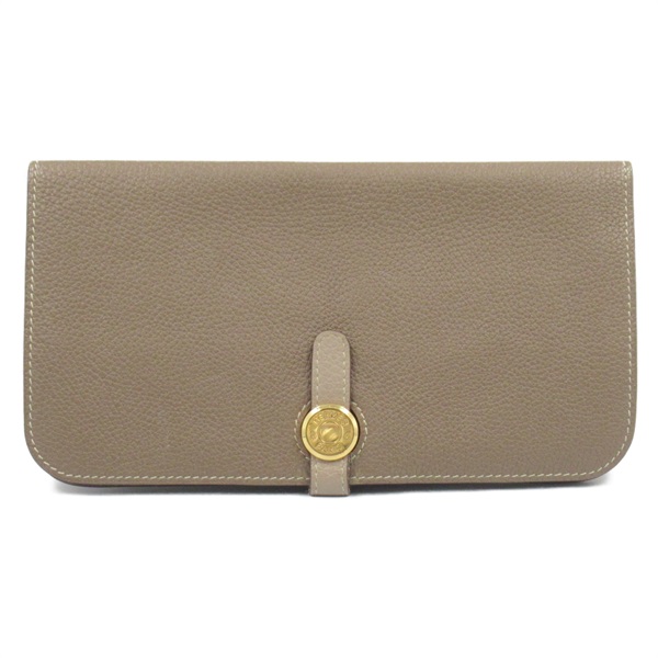 HERMES Dogon Long Bi-fold Wallet Clemence leather Brown Etoupe Grey Used N GHW